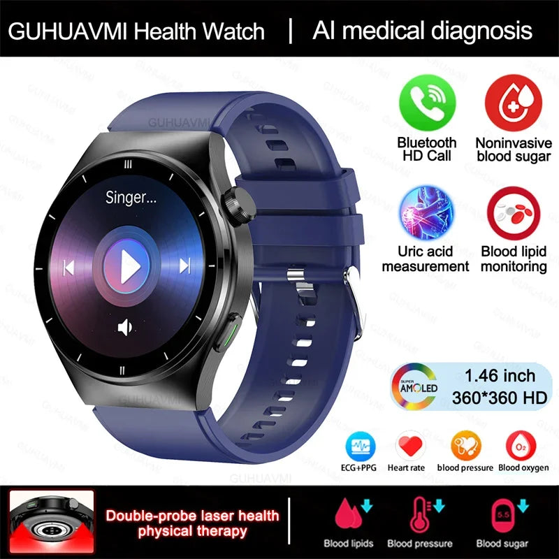 Laser Therapy Smartwatch – Blood Glucose & Uric Acid Monitor, Heart Rate Tracker, Waterproof