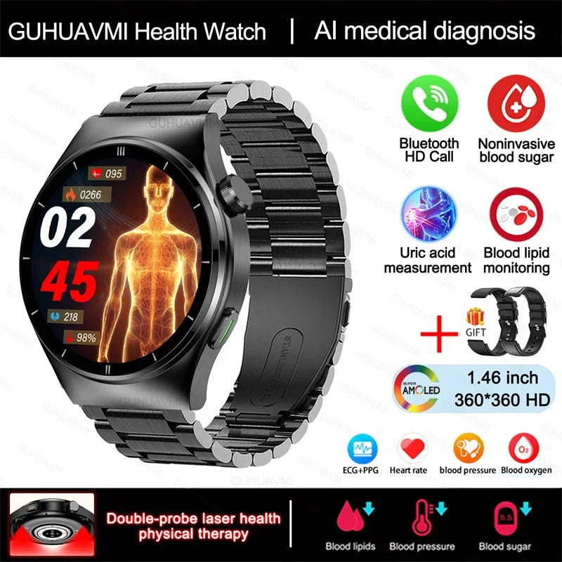 Laser Therapy Smartwatch – Blood Glucose & Uric Acid Monitor, Heart Rate Tracker, Waterproof