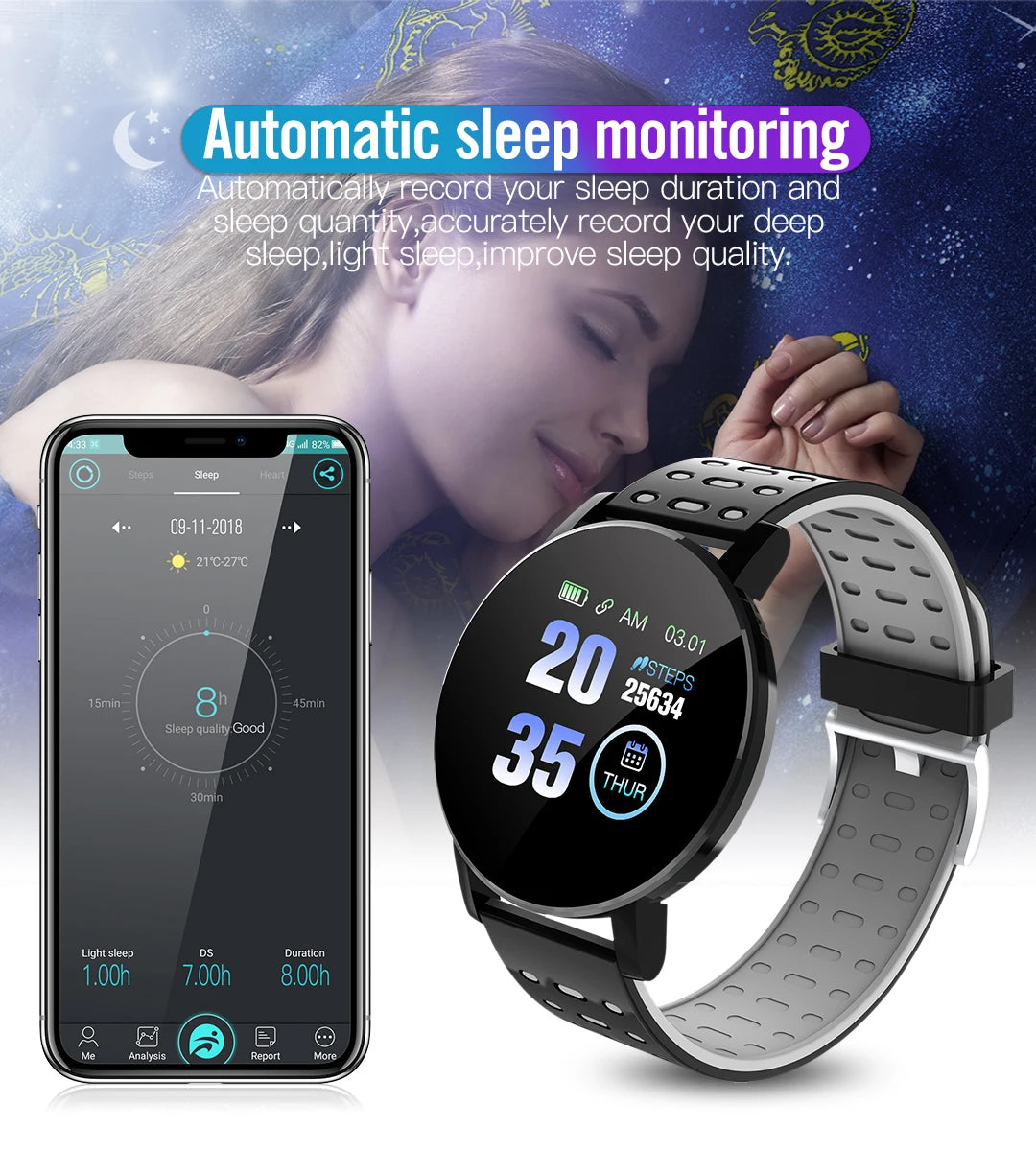 119S Bluetooth Smartwatch – Blood Pressure Monitor, Fitness Tracker, Sports Smart Band for Android & IOS