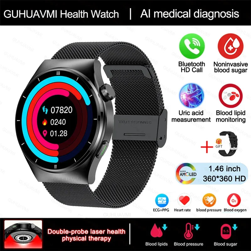 Laser Therapy Smartwatch – Blood Glucose & Uric Acid Monitor, Heart Rate Tracker, Waterproof
