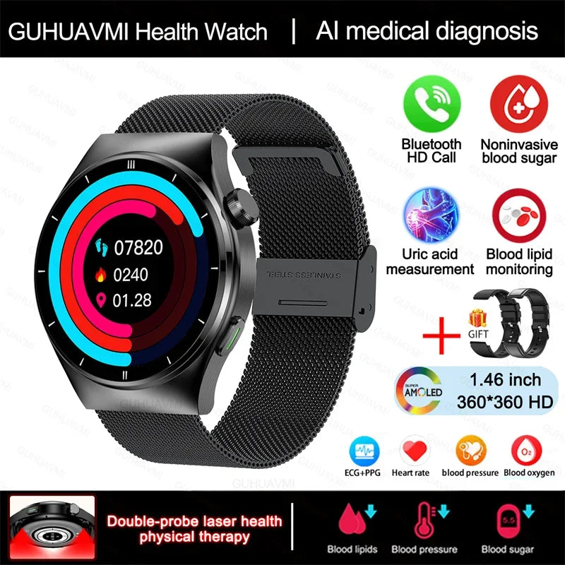Laser Therapy Smartwatch – Blood Glucose & Uric Acid Monitor, Heart Rate Tracker, Waterproof