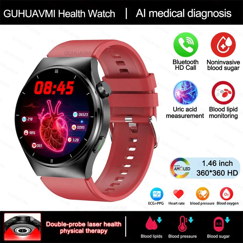 Laser Therapy Smartwatch – Blood Glucose & Uric Acid Monitor, Heart Rate Tracker, Waterproof