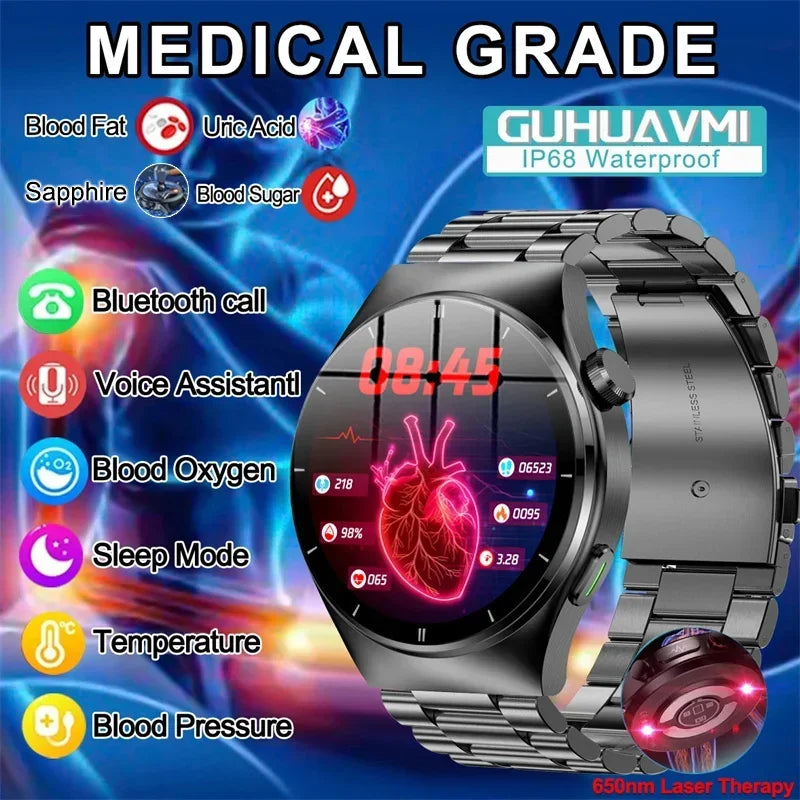 Laser Therapy Smartwatch – Blood Glucose & Uric Acid Monitor, Heart Rate Tracker, Waterproof