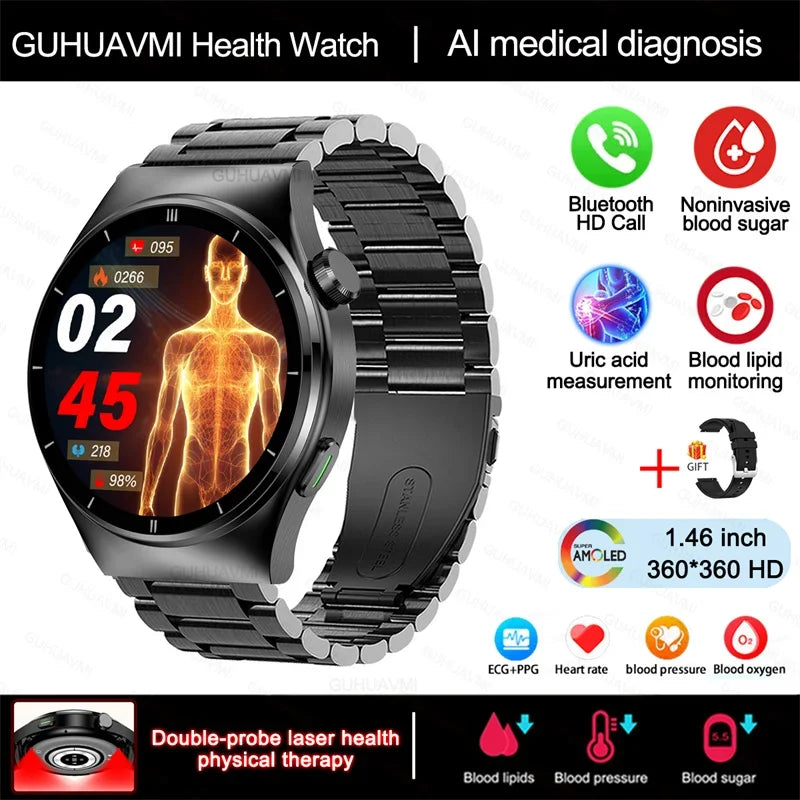 Laser Therapy Smartwatch – Blood Glucose & Uric Acid Monitor, Heart Rate Tracker, Waterproof