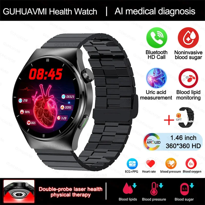 Laser Therapy Smartwatch – Blood Glucose & Uric Acid Monitor, Heart Rate Tracker, Waterproof