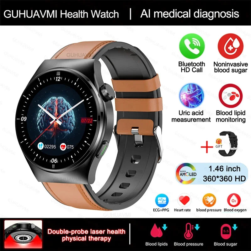 Laser Therapy Smartwatch – Blood Glucose & Uric Acid Monitor, Heart Rate Tracker, Waterproof
