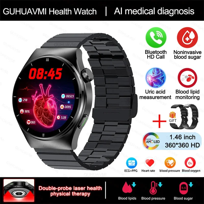 Laser Therapy Smartwatch – Blood Glucose & Uric Acid Monitor, Heart Rate Tracker, Waterproof