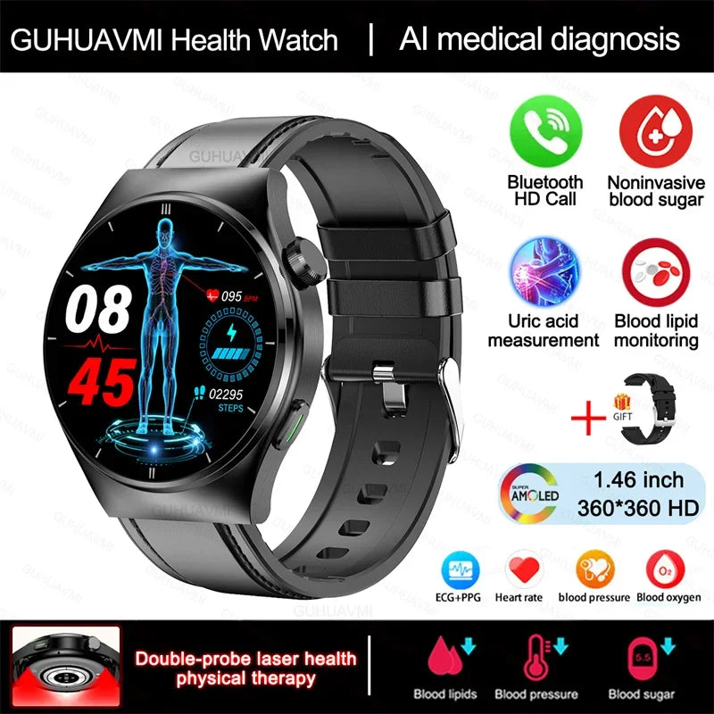 Laser Therapy Smartwatch – Blood Glucose & Uric Acid Monitor, Heart Rate Tracker, Waterproof